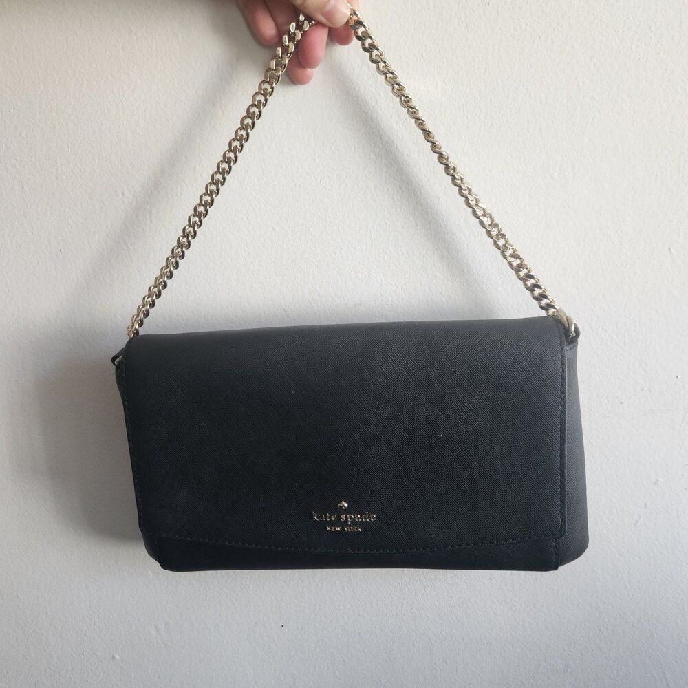 Kate Spade New York Black Saffiano Leather Shoulder Bag Chain Link Accents luxe